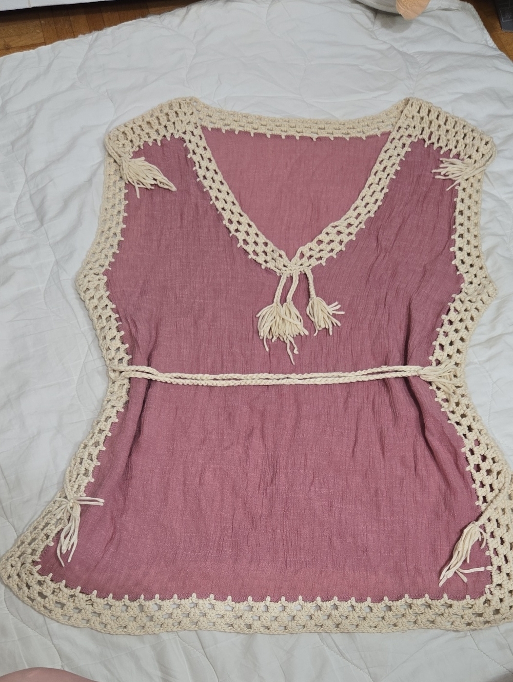 Handmade Mauve Cotton Crochet Trim Boho Tunic Dress Beach Cover Up Size M